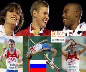 yapboz Alexander Shustov Yüksek atlama şampiyonu Ivan Ujov ve Martyn Bernard (2 ve 3) Avrupa Atletizm Şampiyonası&#039;nda Barcelona 2010